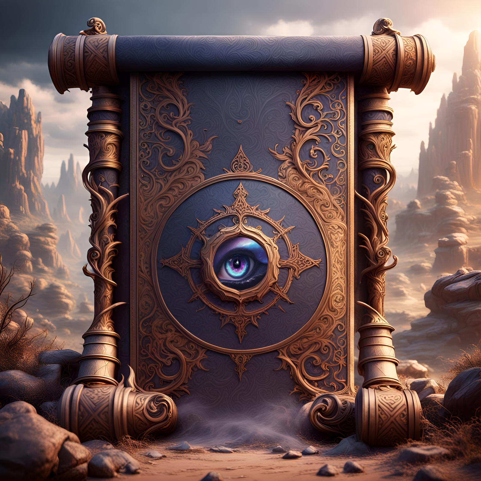 Ancient scroll with a dragon eye in the middle for the Akasha Realm Mythos set of stories.