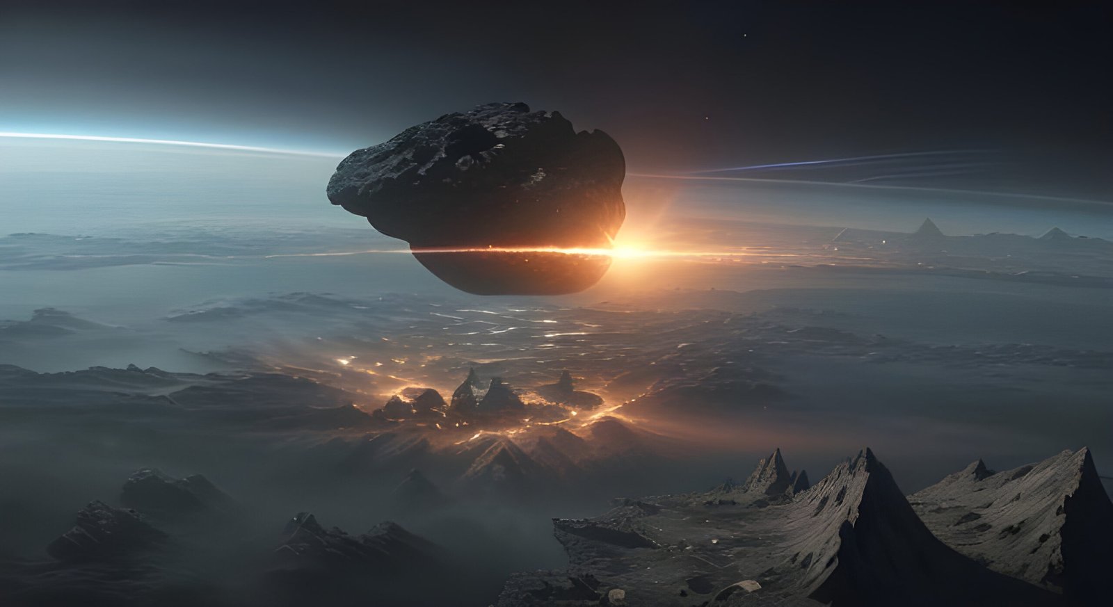 Asteroid in space impacting a planet below.